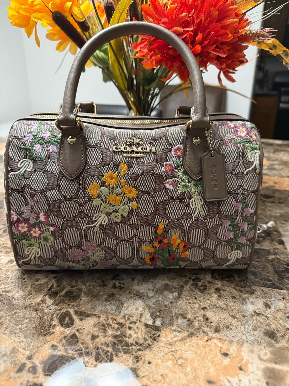 Coach Floral Signature Mini Satchel in Taupe and Multicolor Embroidery